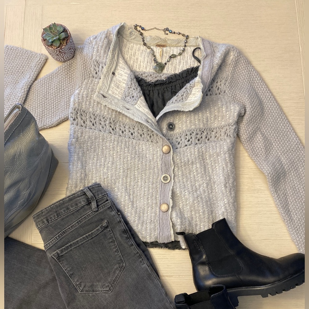 Free People Gray asymmetrical Button Down Wool Blend Sweater Size S